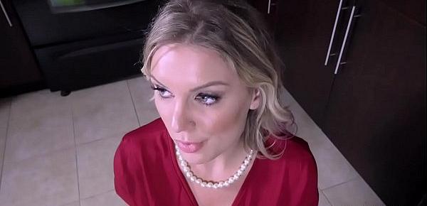 Stepmom Kenzie Taylor begs to deepthroats stepsons huge cock while wearing handcuffs.She likes swallowing his boner and got loaded with a facial jizz.